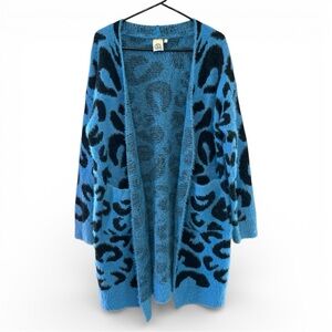 Vintage Y2K Era Blue and Black Leopard Print Patterned Open Long Cardigan S/M